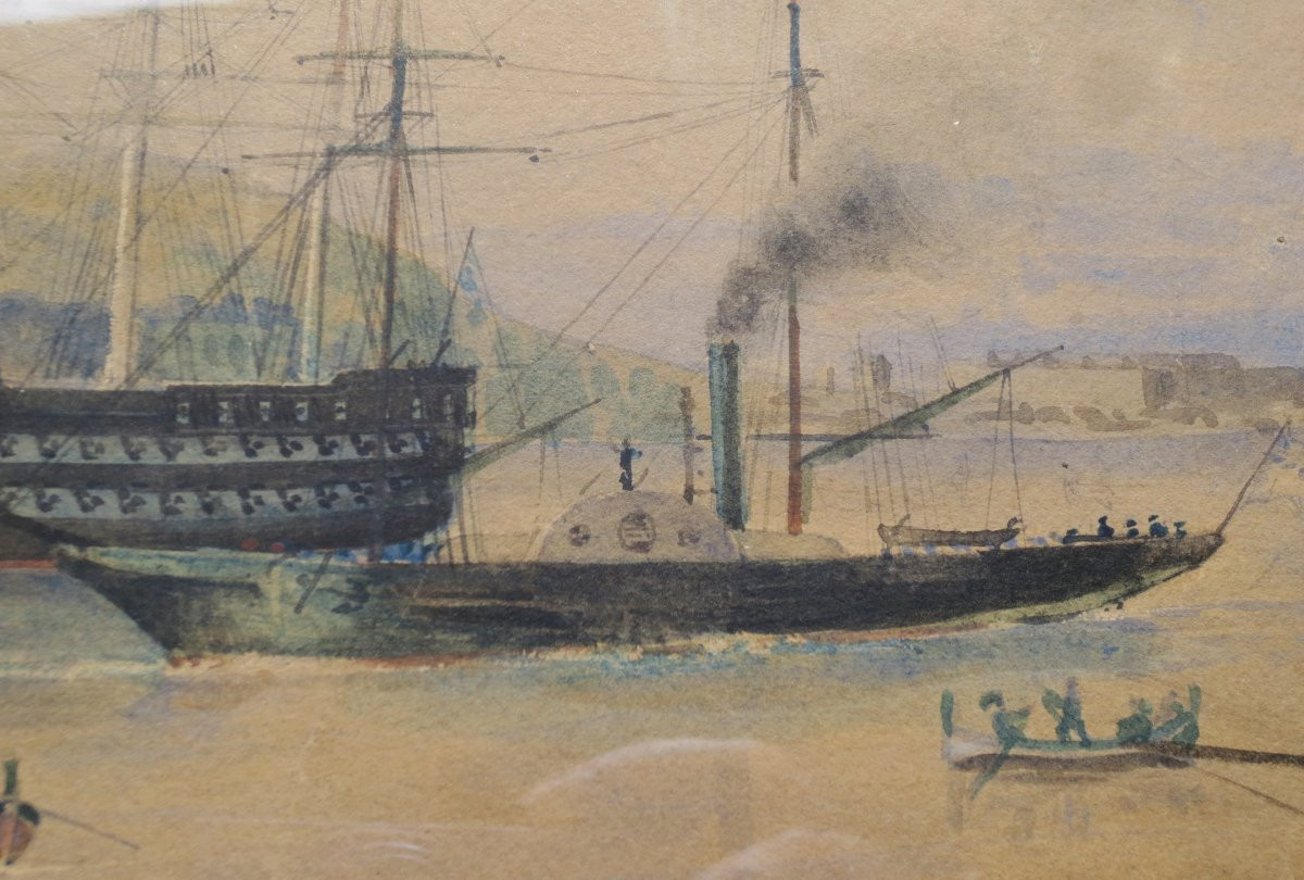 Port méditerranéen, aquarelle XIXe siècle.  -photo-6
