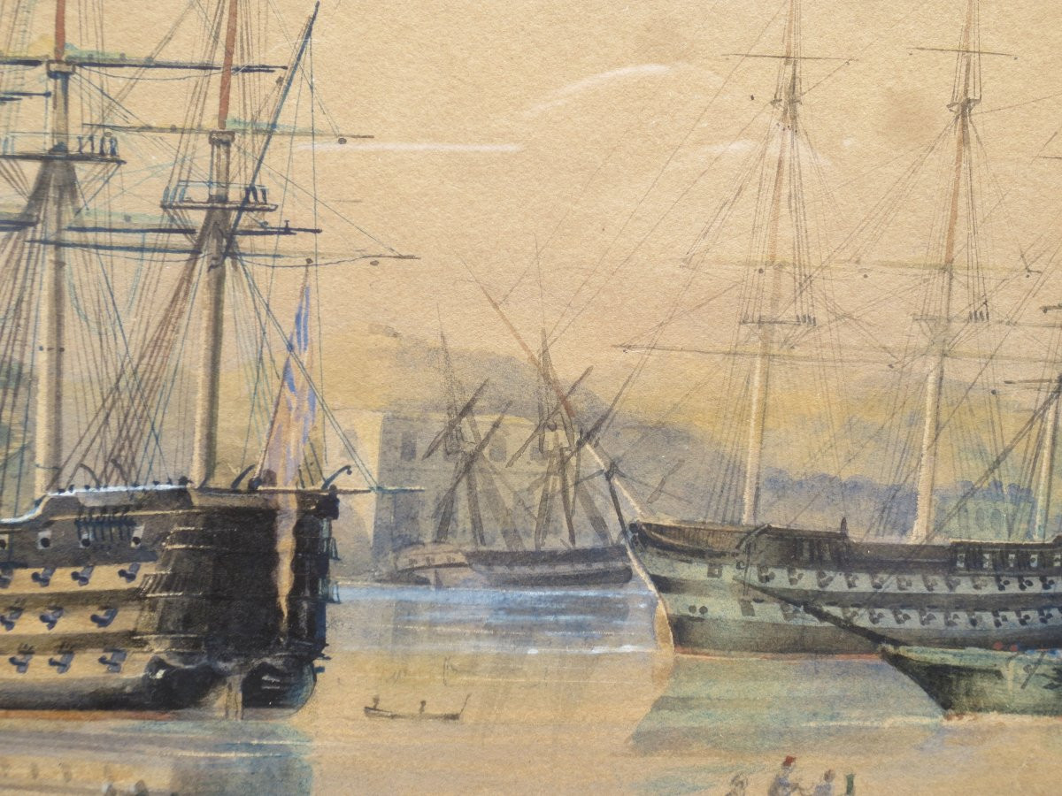 Port méditerranéen, aquarelle XIXe siècle.  -photo-7