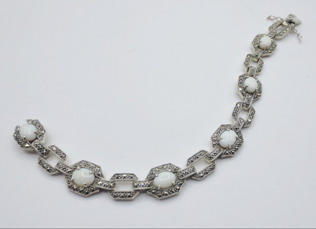 Bracelet Art-Déco, argent et opales. -photo-8