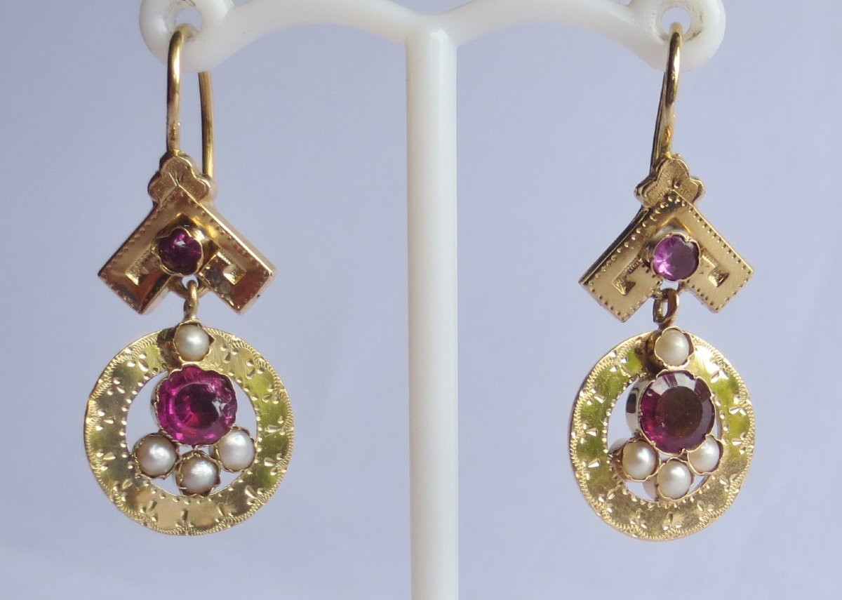 Earrings, Gold, Garnet And Pearls.   -photo-1