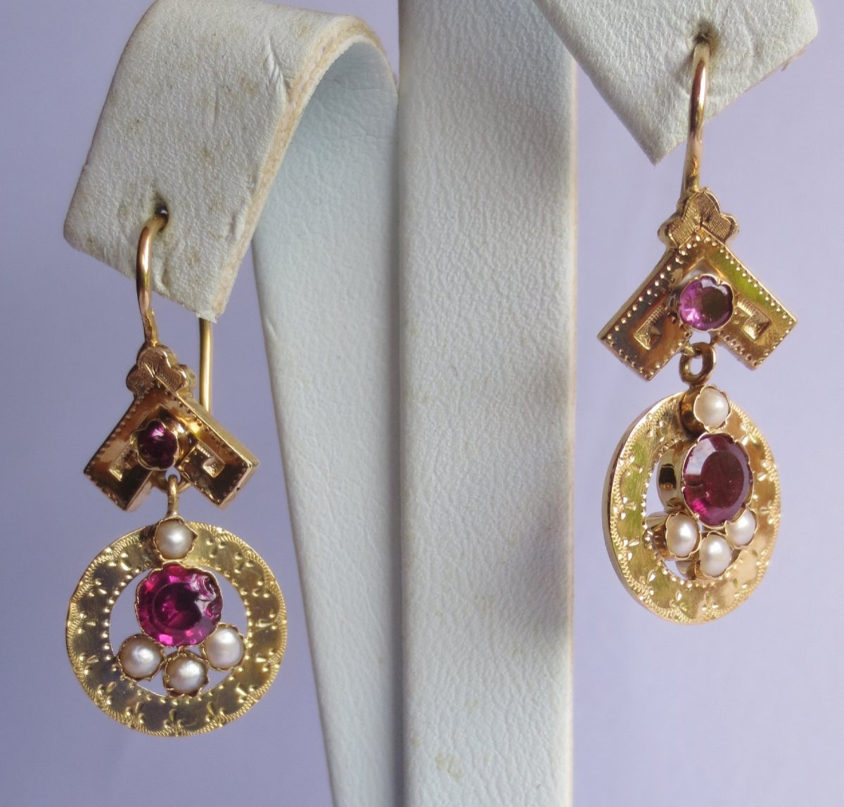 Earrings, Gold, Garnet And Pearls.   -photo-2