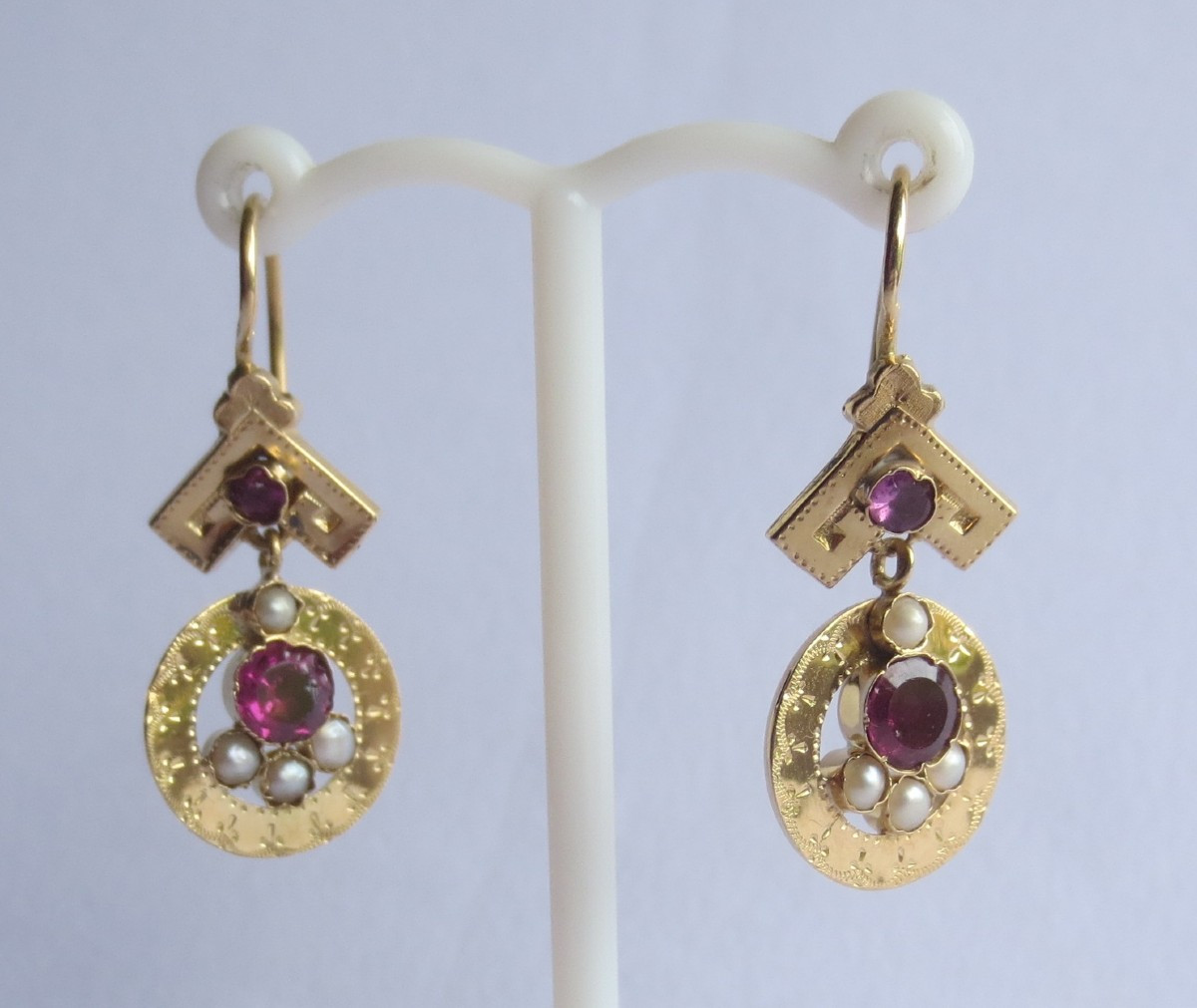 Earrings, Gold, Garnet And Pearls.   