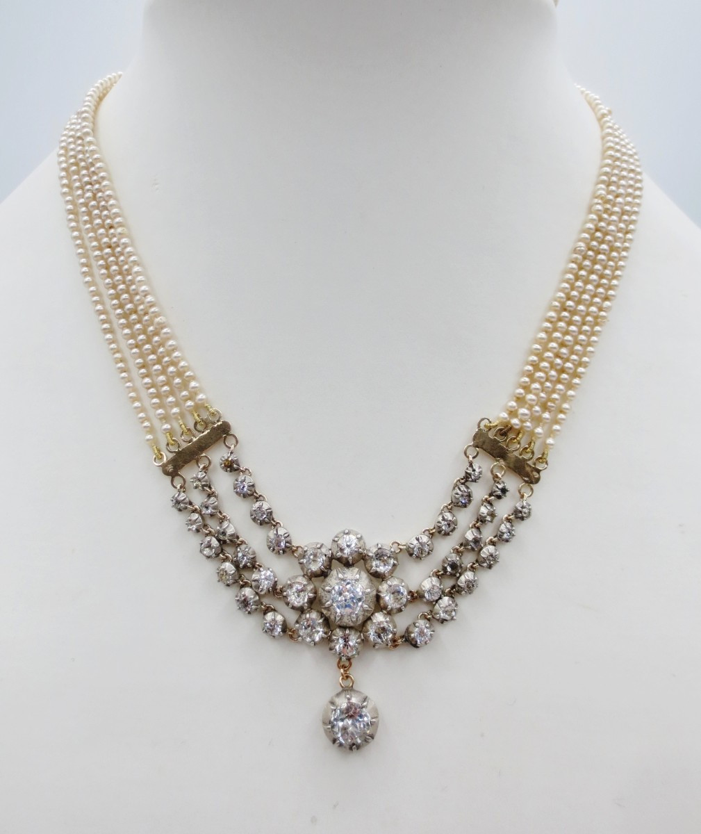 Collier, perles, or et argent, XIXe siècle. 