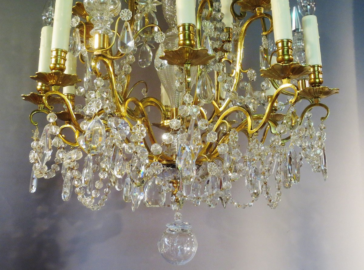 Lustre à 15 lumières en bronze doré et cristaux.-photo-8