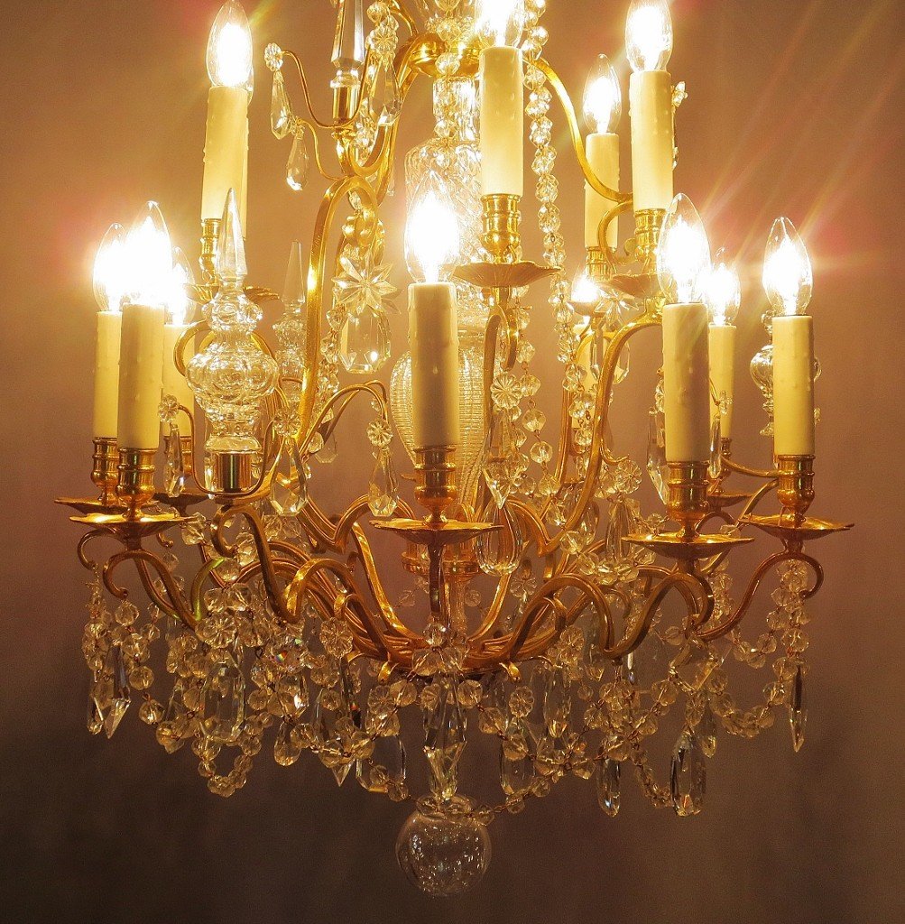 Chandelier 15 Lights In Gilt Bronze And Crystals.-photo-2