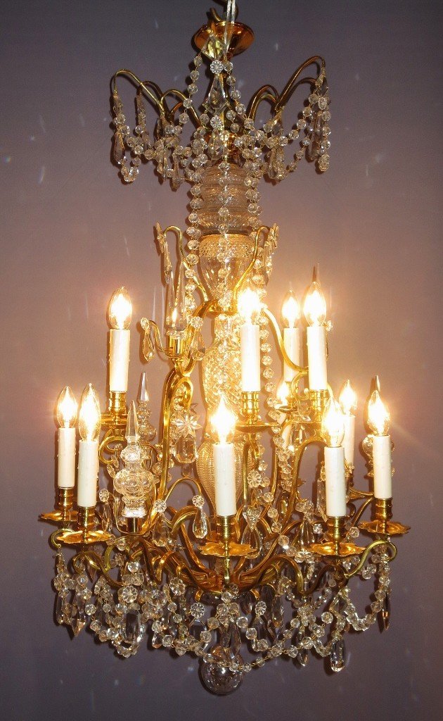 Chandelier 15 Lights In Gilt Bronze And Crystals.-photo-3