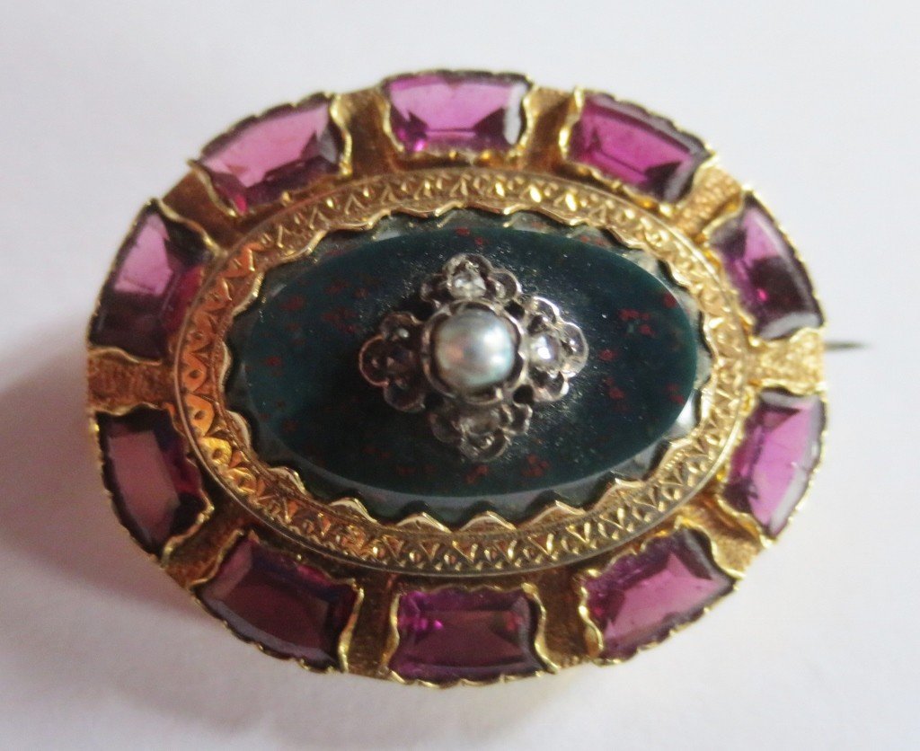 Broche En Or Jaspe Sanguin, Diamants Et Perles, Napoléon III.-photo-2