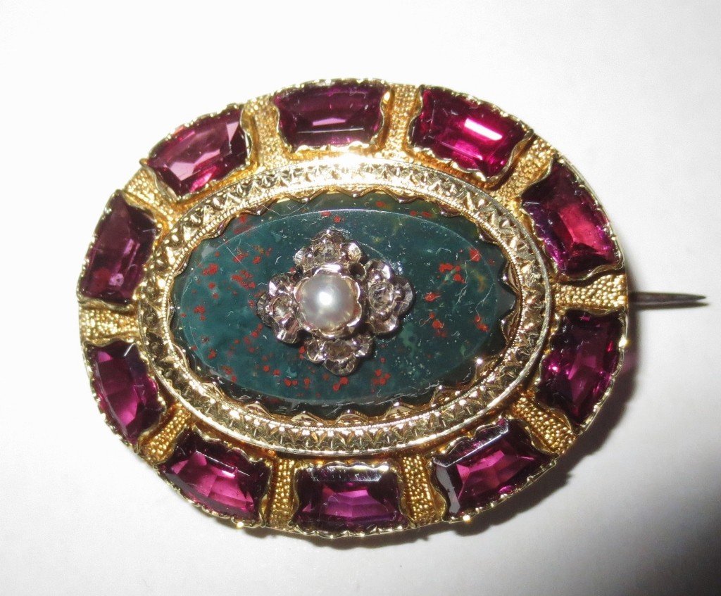 Broche En Or Jaspe Sanguin, Diamants Et Perles, Napoléon III.-photo-3