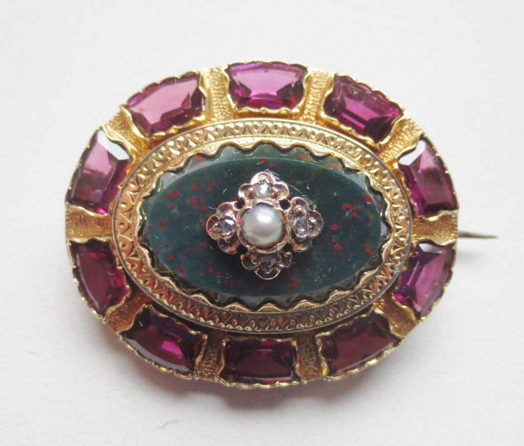 Broche En Or Jaspe Sanguin, Diamants Et Perles, Napoléon III.-photo-3