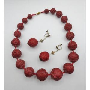 Cinnabar Lacquer Necklace And Drop Earrings.