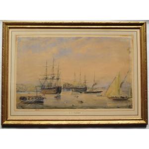 Mediterranean Port, 19th Century Watercolor.  