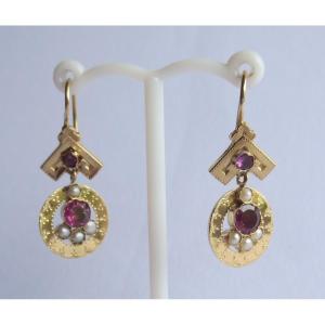 Earrings, Gold, Garnet And Pearls.   