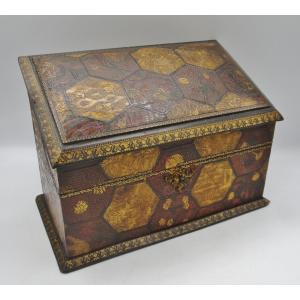 Cardboard Box Covered In Embossed Leather, Circa 1880.  