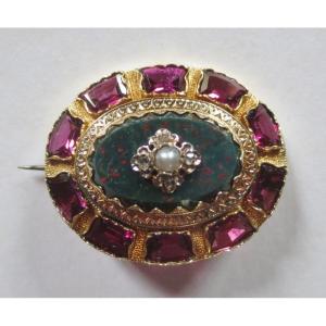 Broche En Or Jaspe Sanguin, Diamants Et Perles, Napoléon III.