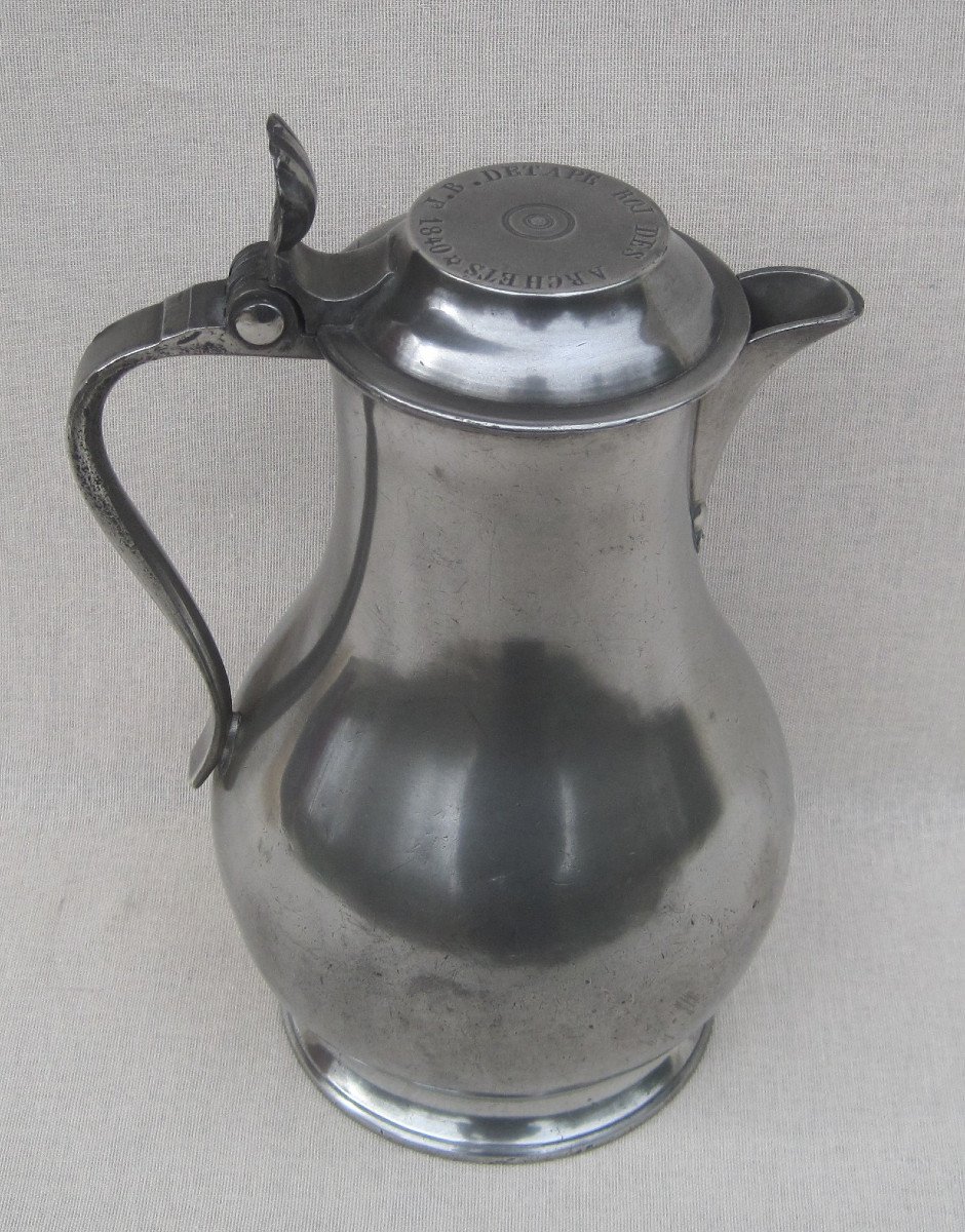 Pewter Dedicatory Pitcher. Cambrai? Early 19th Century.-photo-2