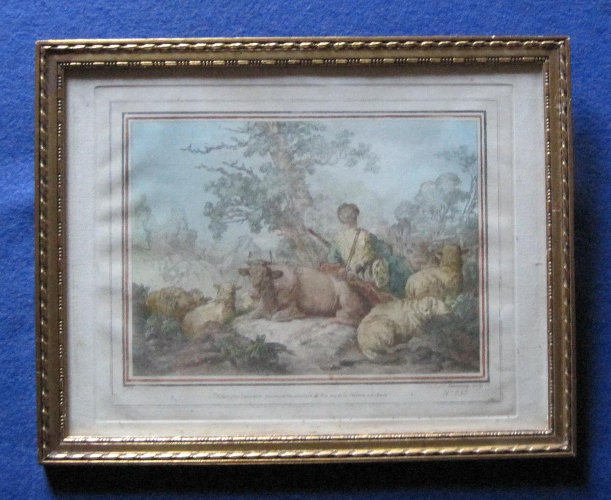 Gravure : Vacher-berger et son troupeau. XVIIIe s.