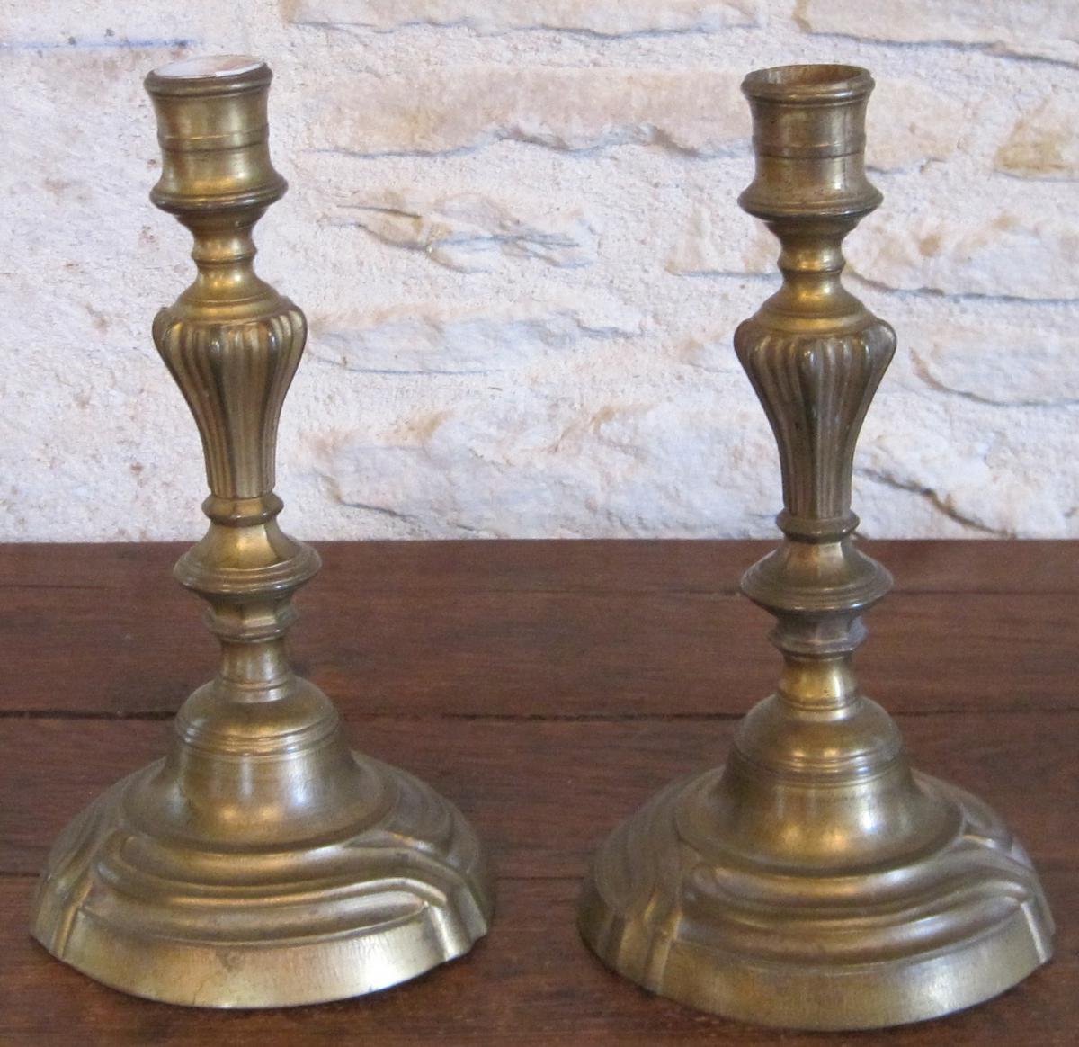 Pair Candleholders, Brass Doré. Mid-eighteenth S.-photo-2