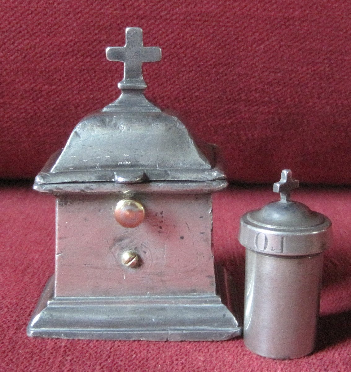 Tin Box, With A Burette, For The Oil Of The Sick. Religious Tins. 18th Century. 