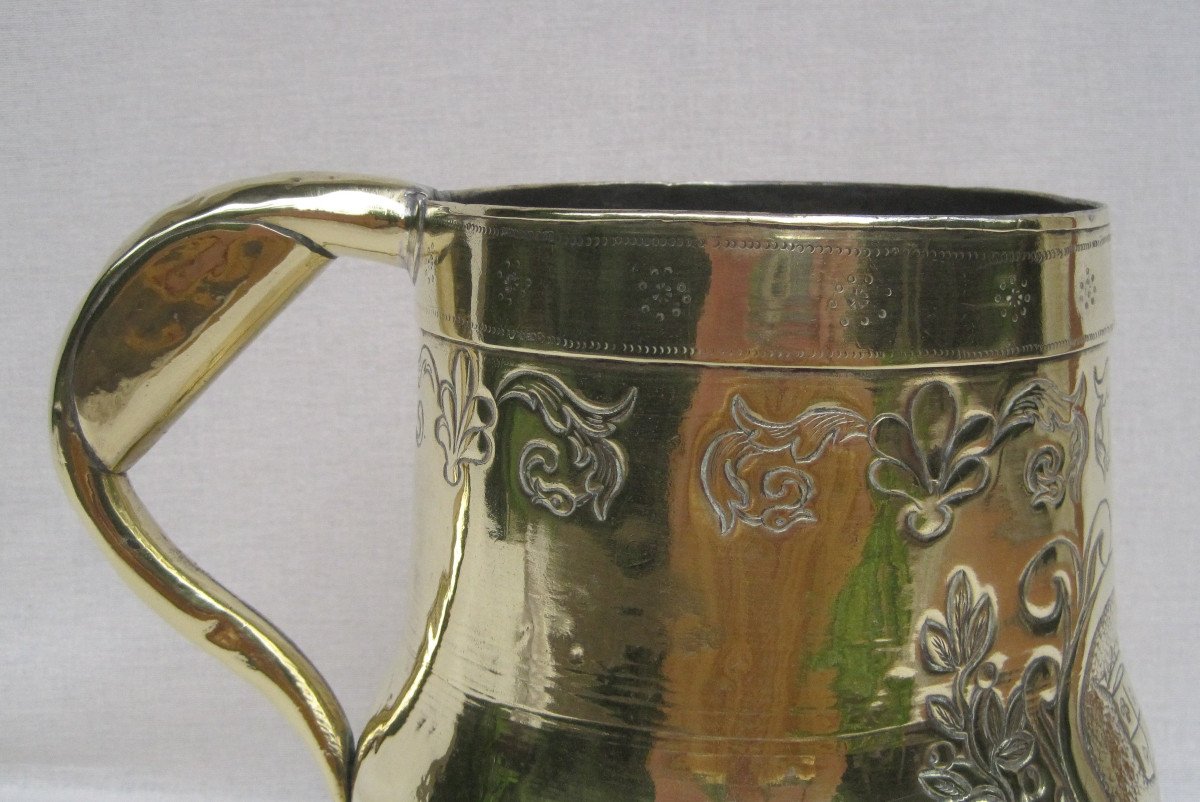 Brass Jug. Fleurdelysé Cartouche Containing 3 Crowned And Emblazoned Shields. XVIII.-photo-2