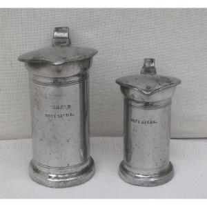 Two Pewter Measures, Covered, Homogeneous, Of The Metric System. Caen. 19th C.