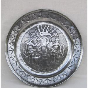 Round Plate, Adam And Eve Decor In Pewter. 19th C.