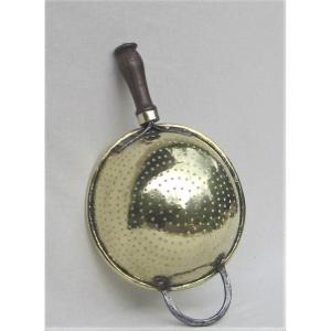 Strainer In Brass. Crowned R Hallmark. Mid 18th Century.