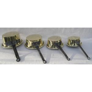 Meeting Of 4 Brass Pans. 19th Century.