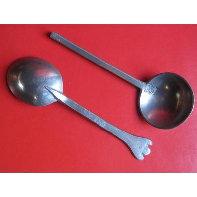 Two Pewter Spoons, Punched KÜhlke To Varel To 183