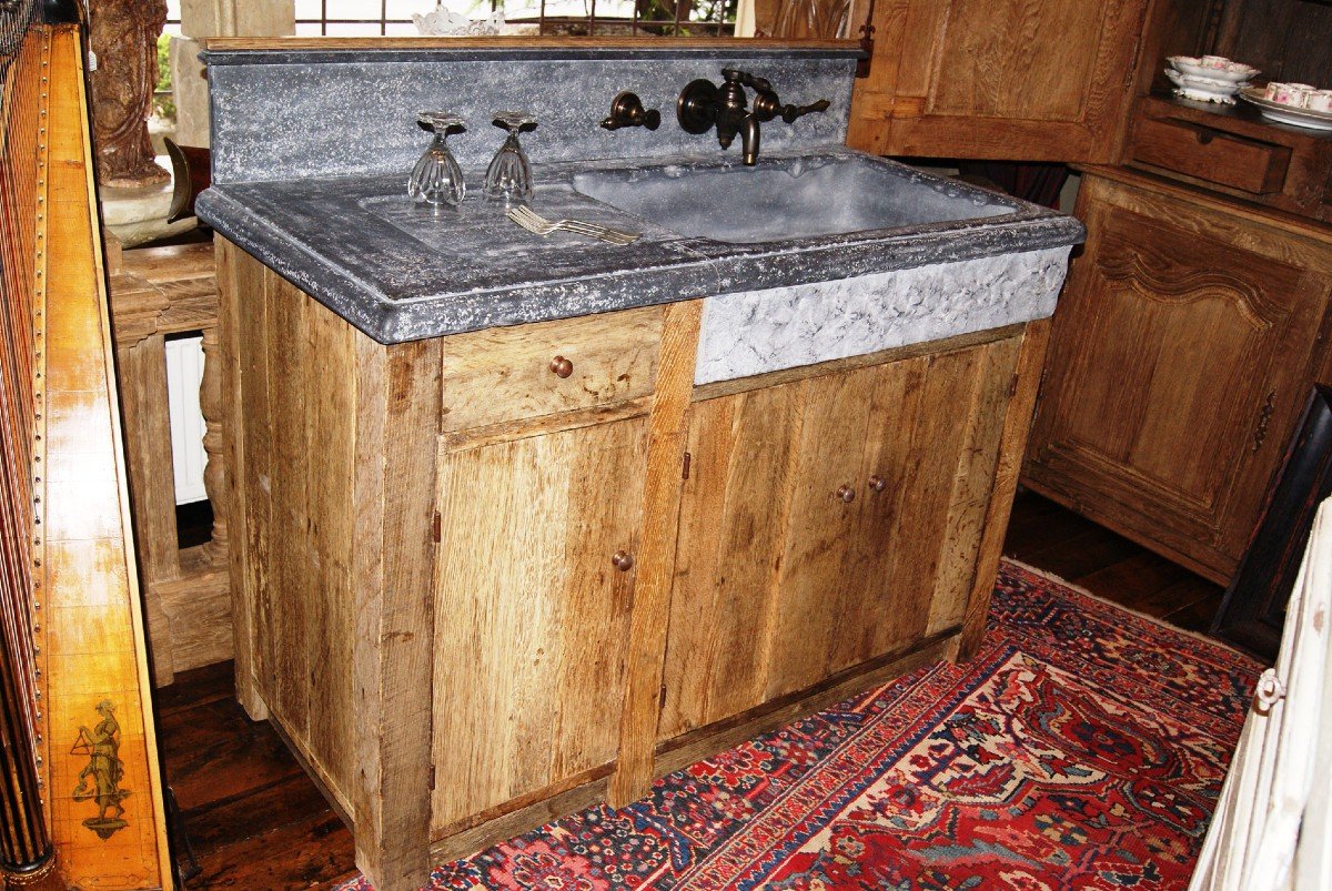 Country Kitchen For Indoors And Outdoors With Blue Stone Sink