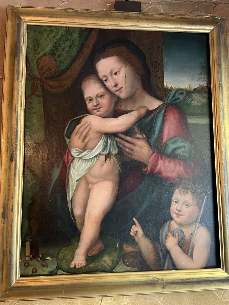 Antique Italian Painting Of Madonna With Child Jesus And John The Baptist