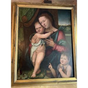 Antique Italian Painting Of Madonna With Child Jesus And John The Baptist