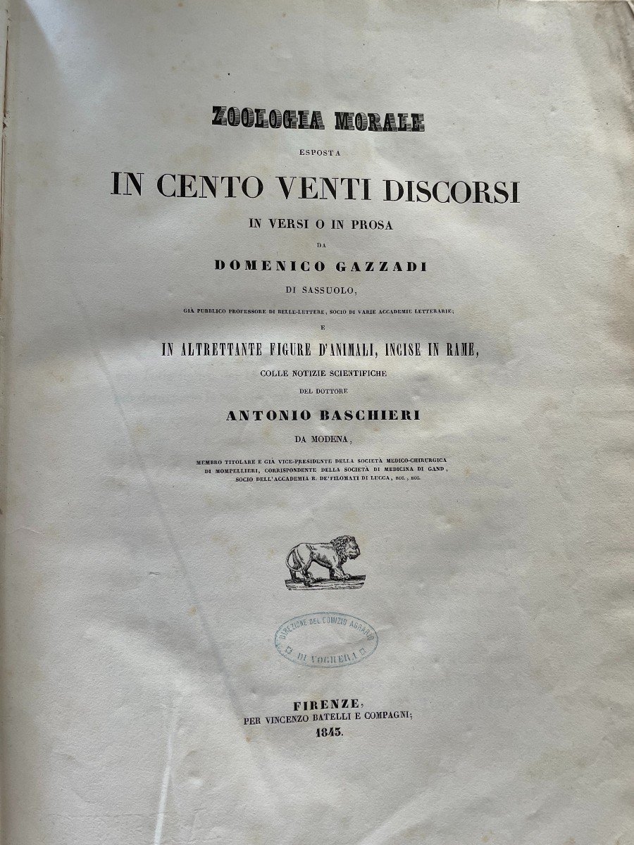 Livre "zoologia Morale Esposta In Cento Venti Discorsi.. ". Battelli, Firenze 1843-photo-2