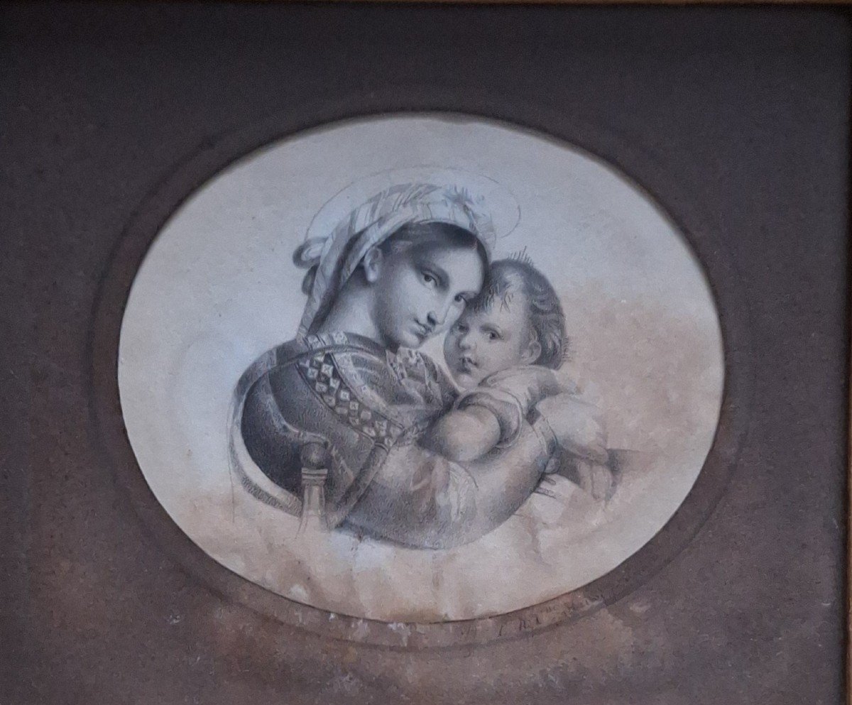 Golden Empire Frame With Engraving Depicting "the Madonna Della Seggiola" 19th Century-photo-4