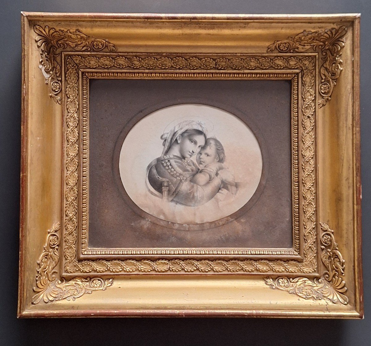 Golden Empire Frame With Engraving Depicting "the Madonna Della Seggiola" 19th Century