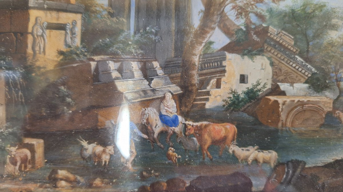 Tempera sur parchemin, Capriccio architectural avec figures, XVIIIe siècle-photo-2