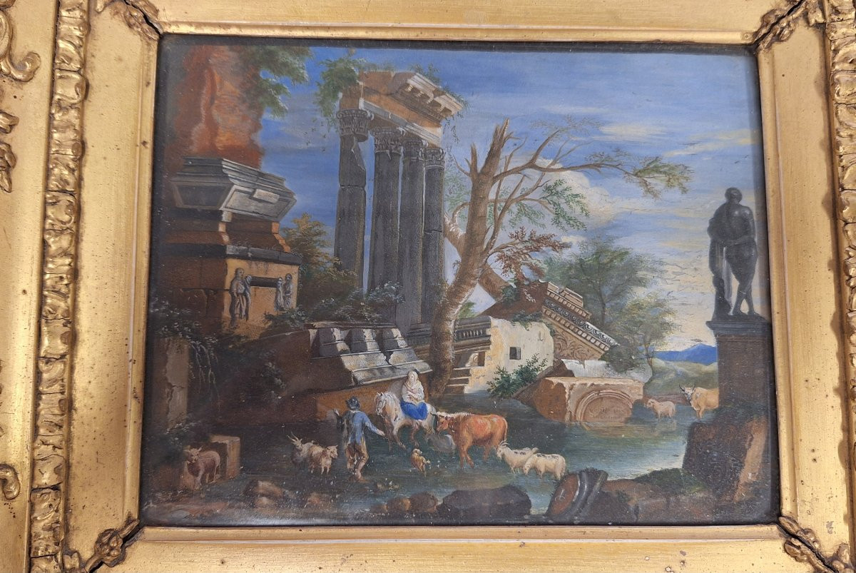 Tempera sur parchemin, Capriccio architectural avec figures, XVIIIe siècle-photo-3