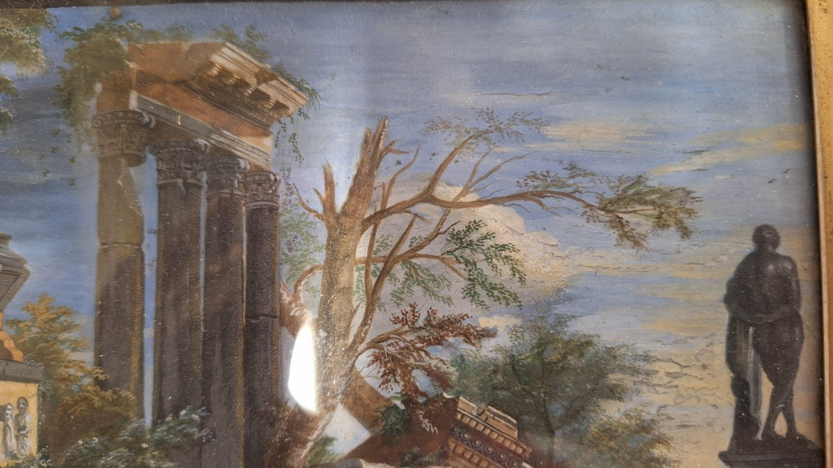 Tempera sur parchemin, Capriccio architectural avec figures, XVIIIe siècle-photo-4