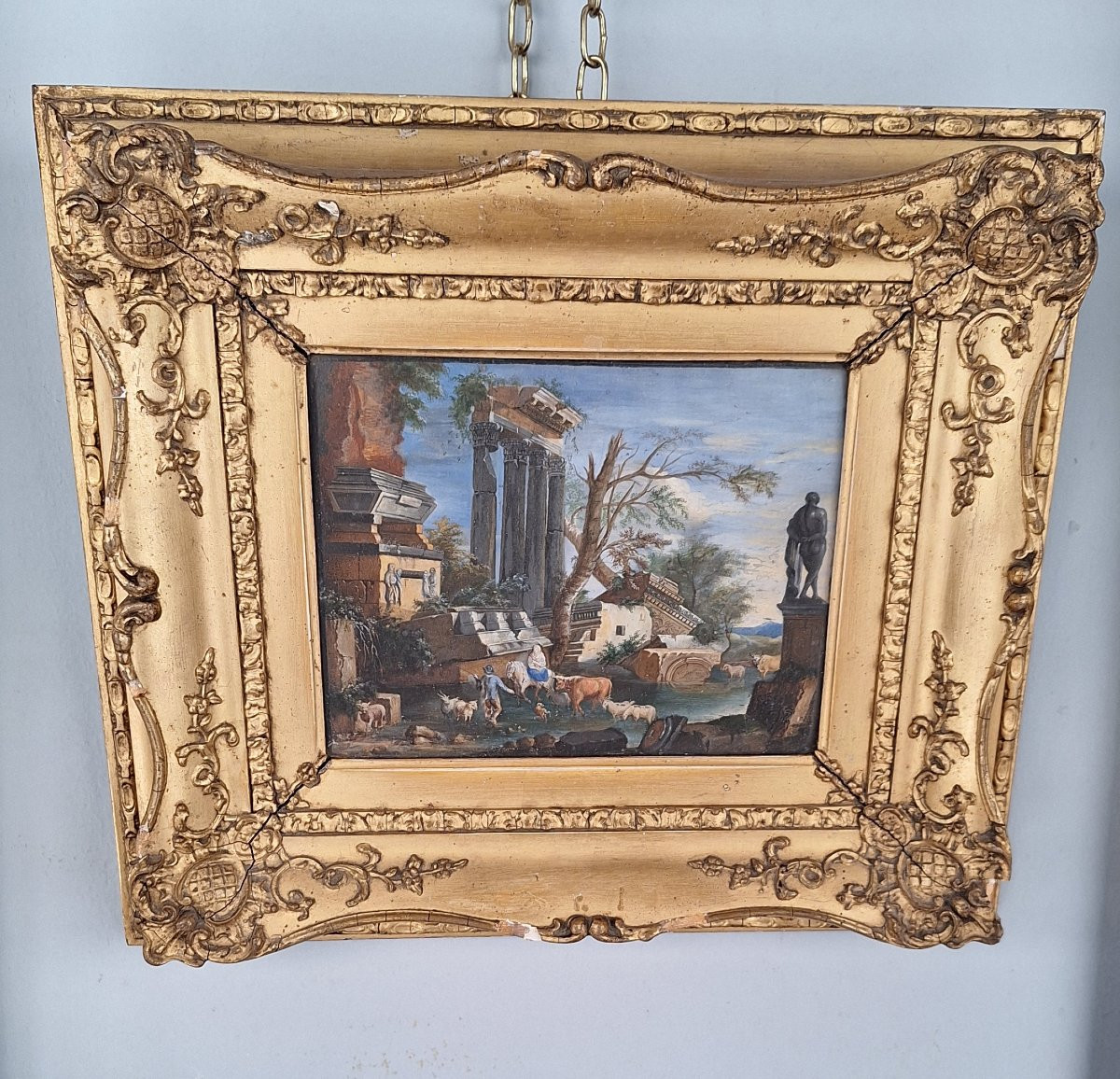 Tempera sur parchemin, Capriccio architectural avec figures, XVIIIe siècle-photo-2
