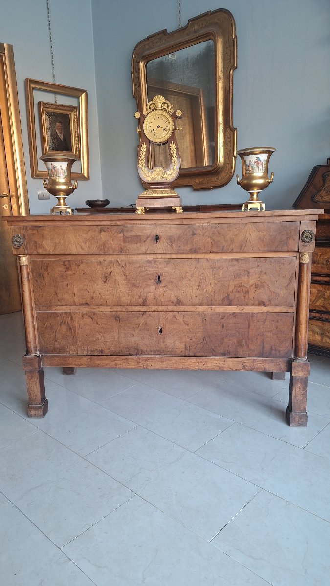 Pair Of Empire-style Chests Of Drawers, With Half-columns And Walnut-veneered Fronts-photo-3