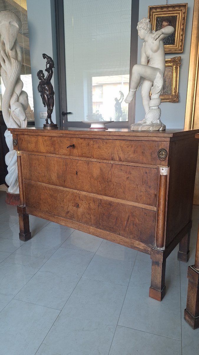 Pair Of Empire-style Chests Of Drawers, With Half-columns And Walnut-veneered Fronts-photo-5