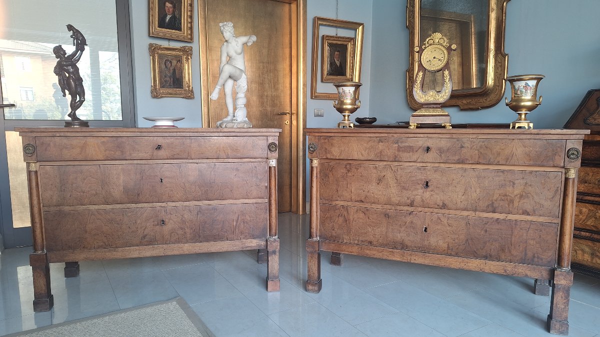 Pair Of Empire-style Chests Of Drawers, With Half-columns And Walnut-veneered Fronts