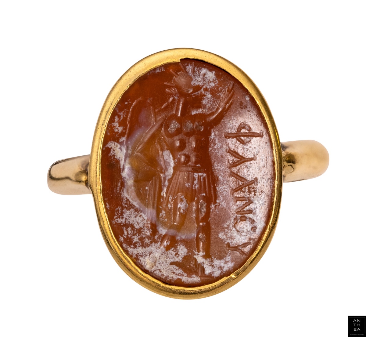 A Gold Ring Set With A Roman Carnelian Intaglio. Sol Invictus.