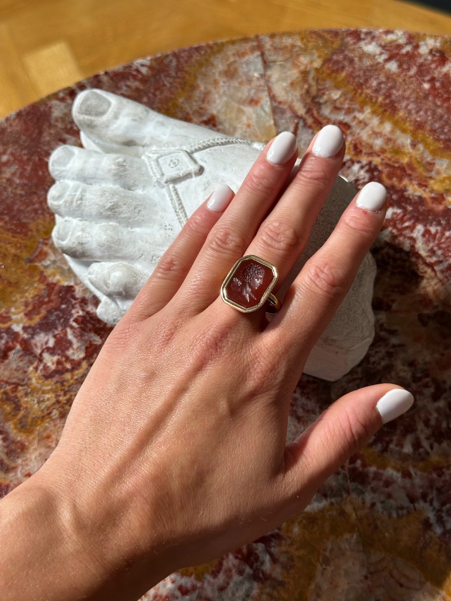 A 19th Century Gold Ring Set With A Neoclassical Carnelian Intaglio. Bust Of Young Hercules.-photo-2