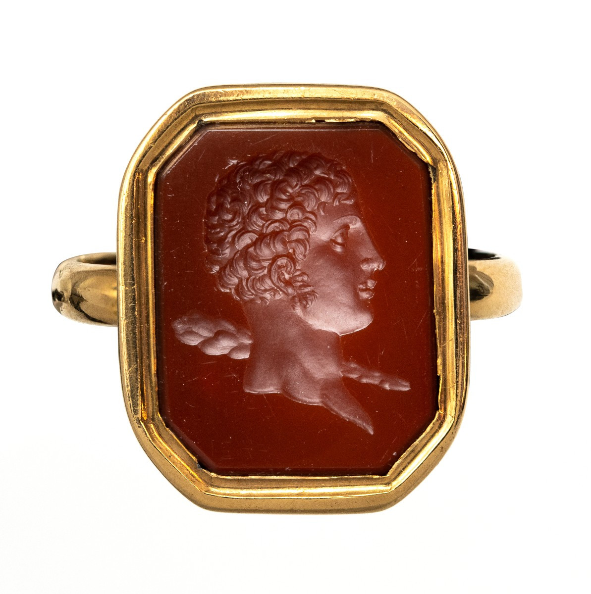 A 19th Century Gold Ring Set With A Neoclassical Carnelian Intaglio. Bust Of Young Hercules.-photo-3