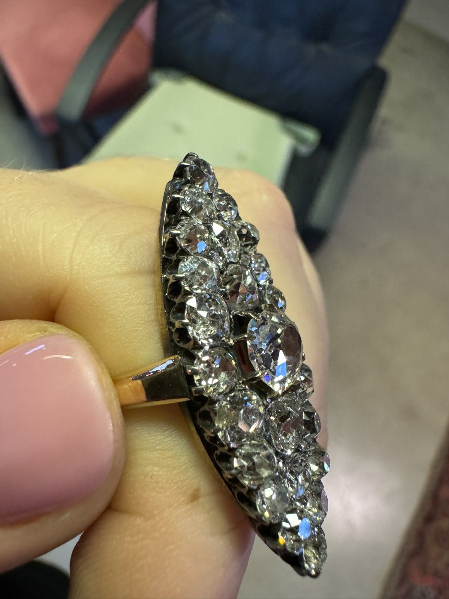 A Late 19th Century Navette Cluster Gold Ring With Diamonds.-photo-4