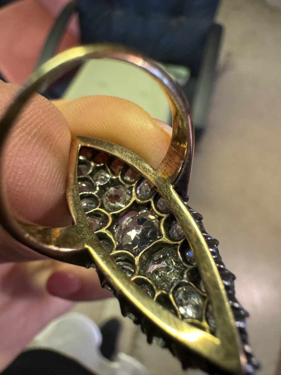 A Late 19th Century Navette Cluster Gold Ring With Diamonds.-photo-1