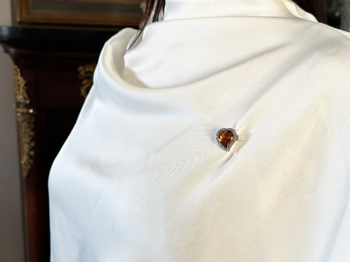 A French 18k Gold & Silver Heart Brooch | Citrine & Rose-cut Diamonds-photo-1