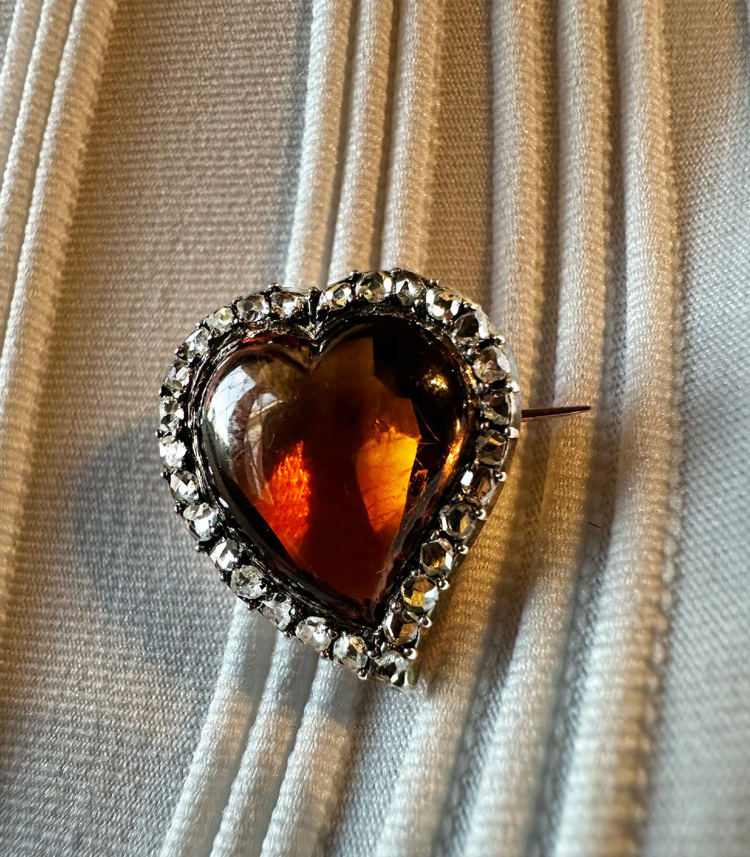 A French 18k Gold & Silver Heart Brooch | Citrine & Rose-cut Diamonds-photo-2