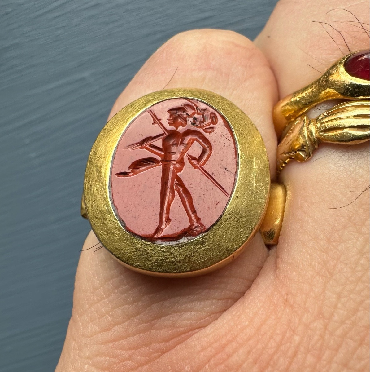 A High Carat Gold Ring Set With A Roman Red Jasper Intaglio. Mars Gradivus-photo-3