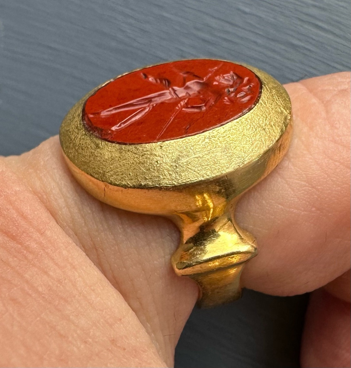 A High Carat Gold Ring Set With A Roman Red Jasper Intaglio. Mars Gradivus-photo-4